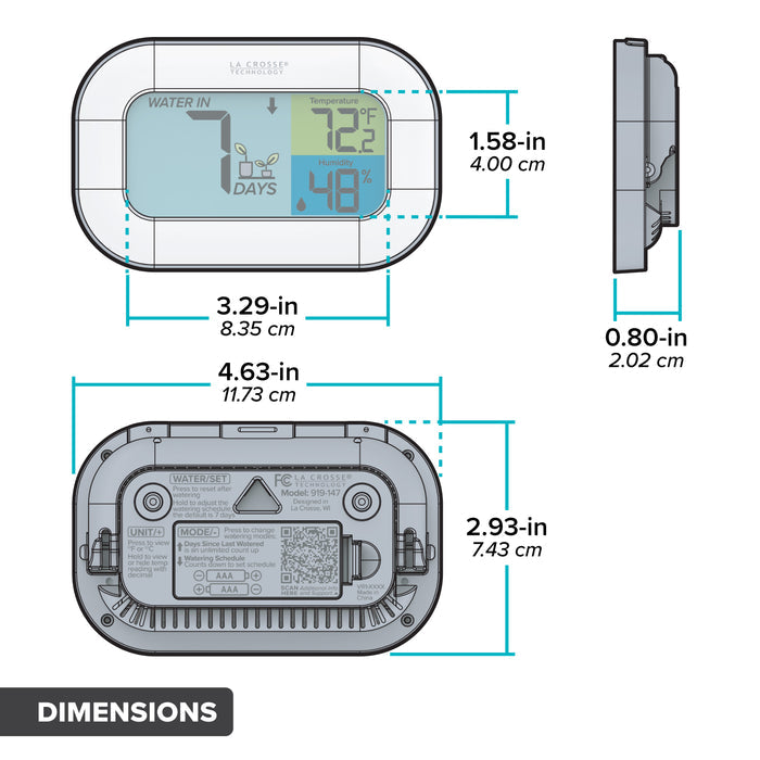 Dimensions for the 919-147 Plant Care Watering Timer with measurements in inches and centimeters height of 2.93-in and length of 4.63-in