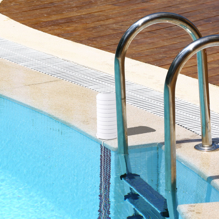 Sensor shield protection for temp and humidity sensors poolside white cylindrical shape with venting and mounting bracket