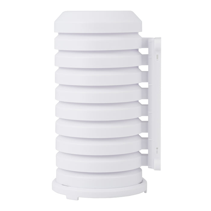 Sensor shield protection for temp and humidity sensors, white cylindrical shape with venting and mounting bracket
