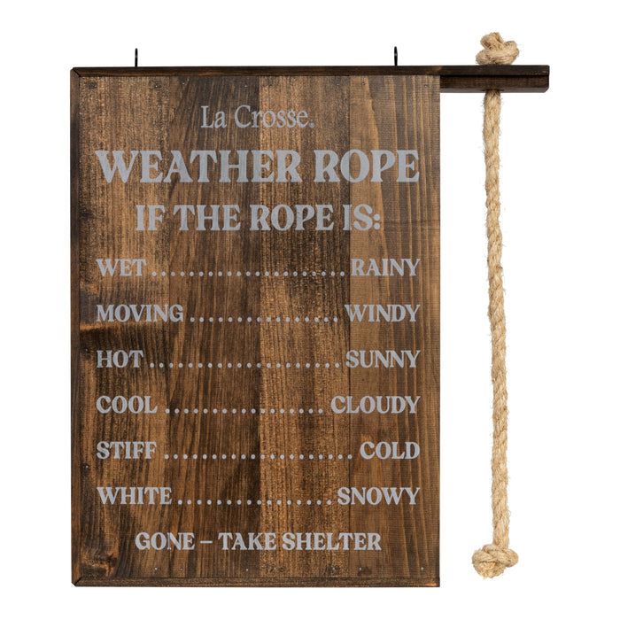 La Crosse Limited Edition Weather Rope wooden sign with hanging rope weather indicator for outdoor yard, patio, or ranch décor showing rain, wind, sun, and snow conditions.