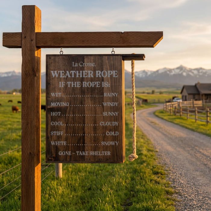 La Crosse Weather Rope outdoor wooden sign hanging on a ranch fence with rope weather indicator in a scenic countryside setting.