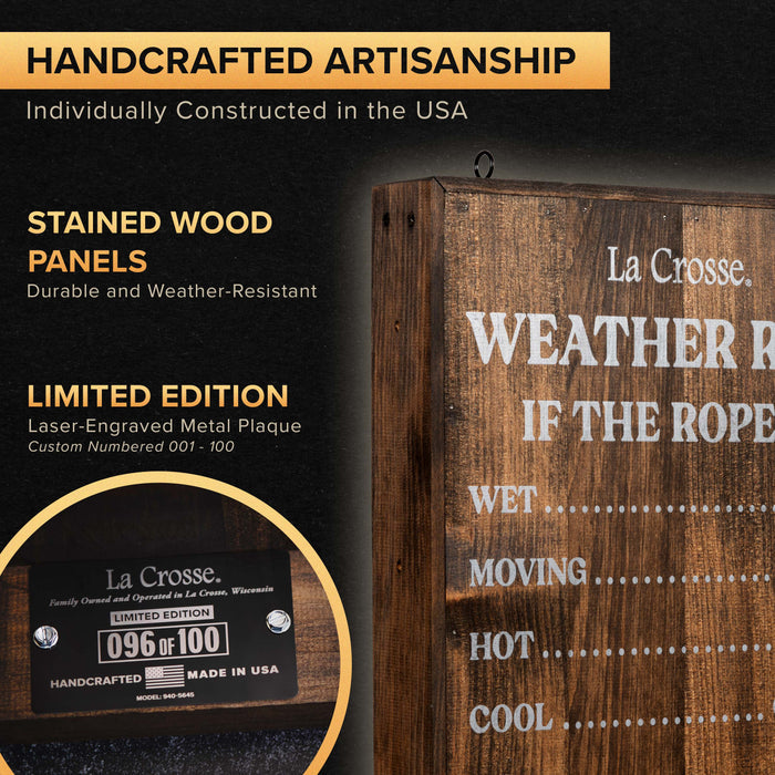 Close-up of the Limited Edition Weather Rope sign showcasing individually crafted, hand-stained wood panels and an engraved metal plaque with numbered edition. All parts are constructed in the USA.
