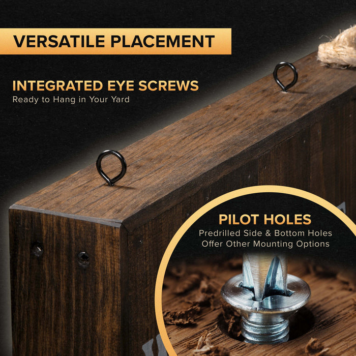 Outdoor weather rope sign construction detail featuring integrated eye screws and predrilled holes for versatile placement