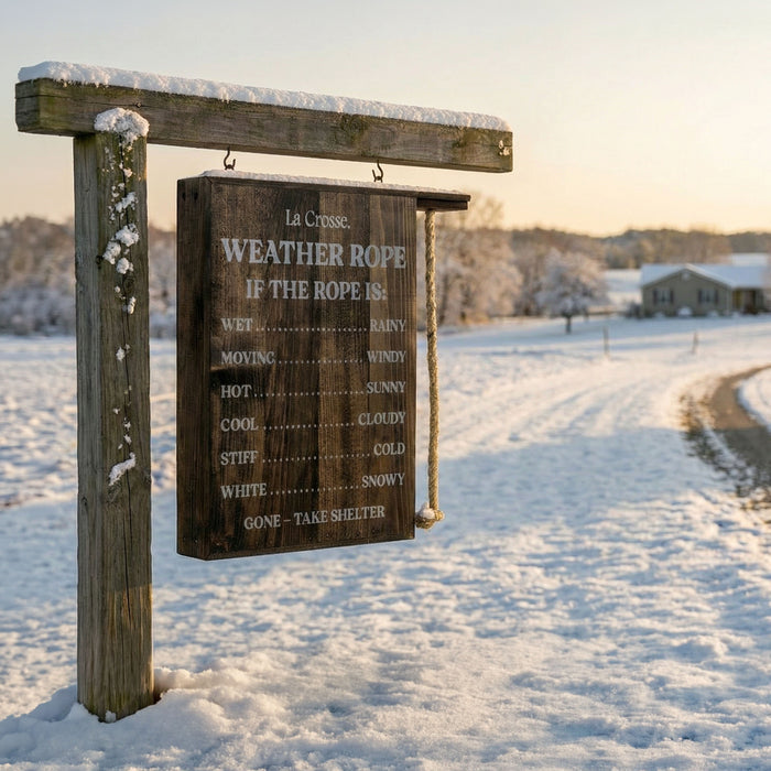 Outdoor wooden weather rope sign with snow-covered post and landscape, seasonal weather indicator décor