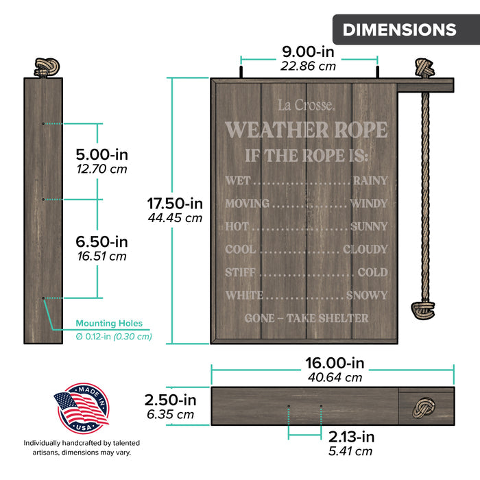 Orthographic dimension image of the 940-5645 Handcrafted Weather Rope showing the dimensions in inches and centimeters, a drawing of the weather station with an icon, Made in the USA with text, individually handcrafted by talented artisans, dimensions may vary.