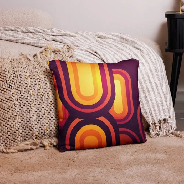 Abstract 70s MIDCENTURY STYLE PILLOW Red Orange Yellow Brown Waves Stripes - retro pillow