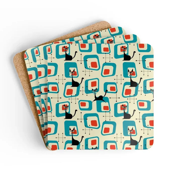 Atomic 50s 60s Drink Coasters – Retro Midcentury Cork Back Set of 4 - retro coaster
