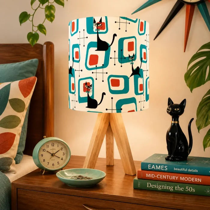 Atomic Cat Retro Tripod Table Lamp: Midcentury Linen Shade Remote LED - retro ads