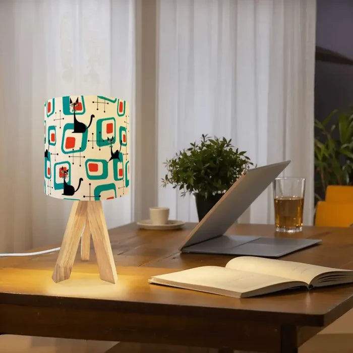 Atomic Cat Retro Tripod Table Lamp: Midcentury Linen Shade Remote LED - retro ads