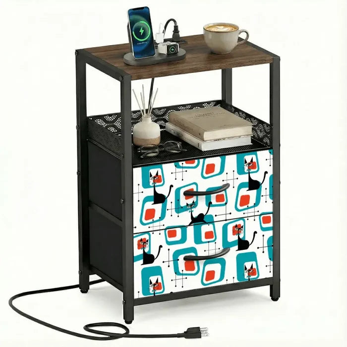 Atomic Cat Side Table with Power Outlets - Nightstand with 2 Drawers - retro bedside table
