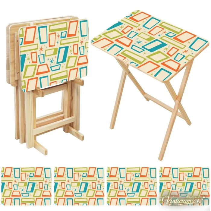 Atomic Wooden TV Tray Tables Set of 4 – Retro Folding Tables for Small Spaces - 4 Pack - retro tv tray