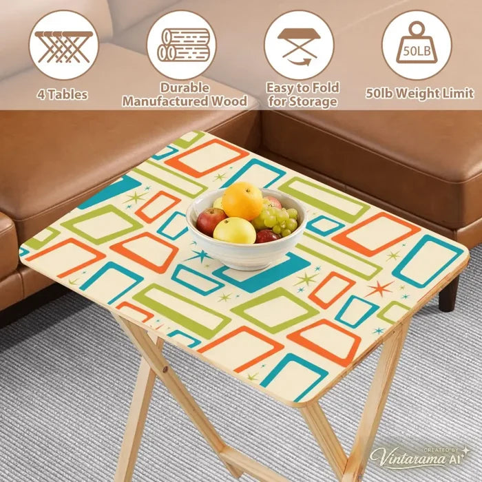 Atomic Wooden TV Tray Tables Set of 4 – Retro Folding Tables for Small Spaces - 4 Pack - retro tv tray