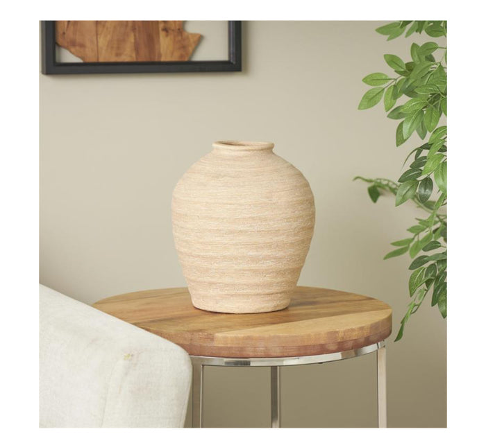 BEIGE CERAMIC WIDE TEXTURED VASE, 11" X 11" X 12"