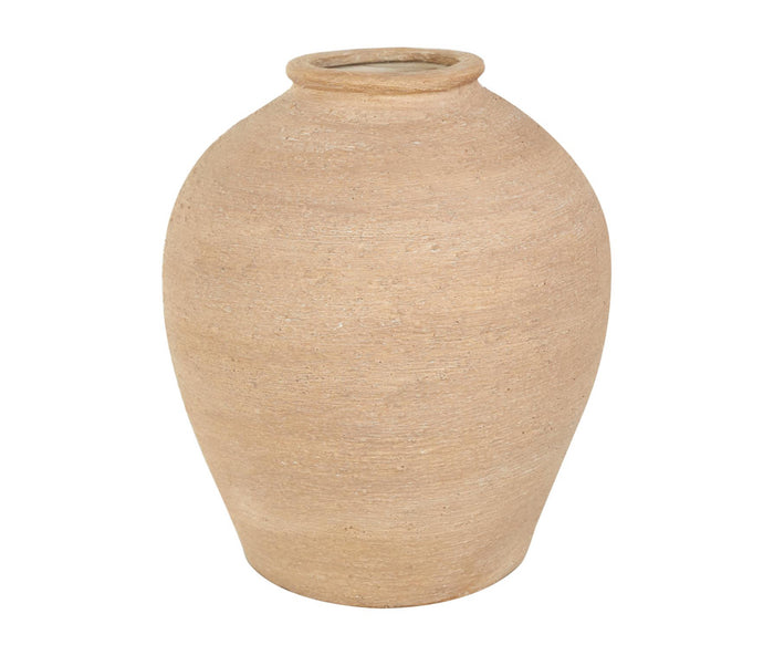 BEIGE CERAMIC WIDE TEXTURED VASE, 11" X 11" X 12"