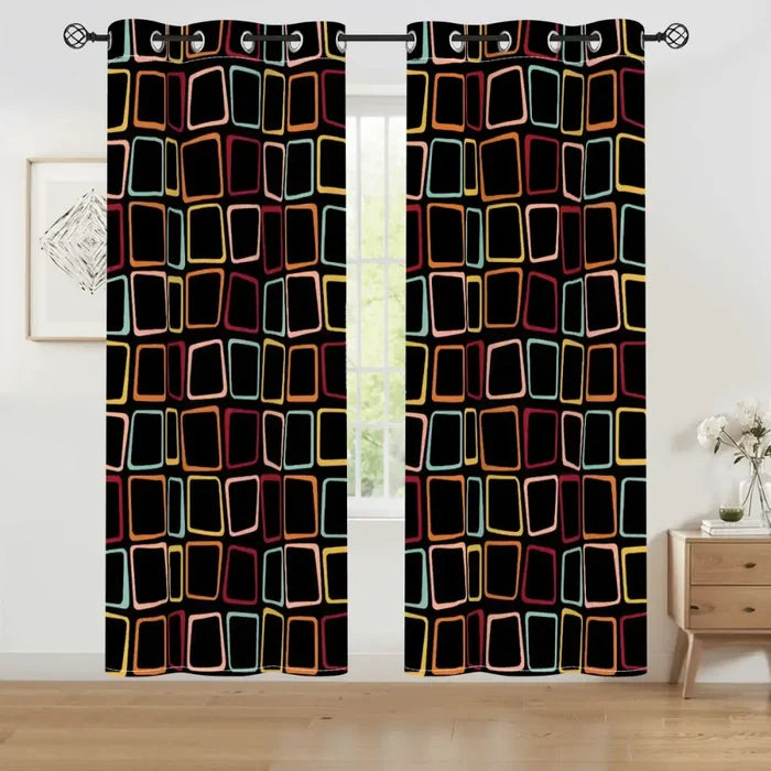 Black 70s Midcentury Blackout Curtains: Retro Squares Design Panels - 50’’x84’’x2pcs - retro curtains