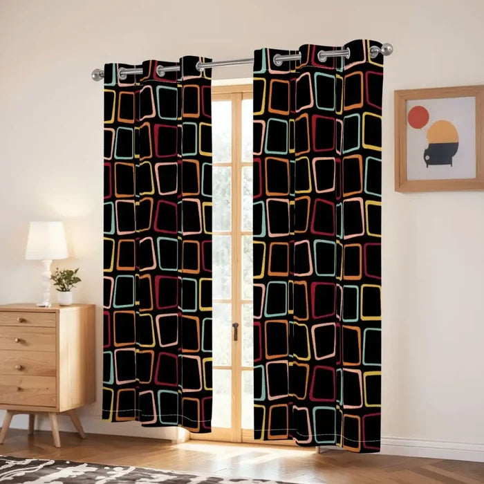 Black 70s Midcentury Blackout Curtains: Retro Squares Design Panels - retro curtains