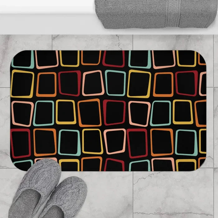 Black 70s Midcentury Blackout Curtains: Retro Squares Design Panels - retro curtains