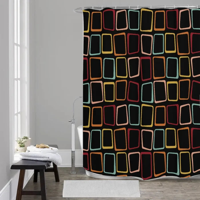 Black 70s Midcentury Blackout Curtains: Retro Squares Design Panels - retro curtains