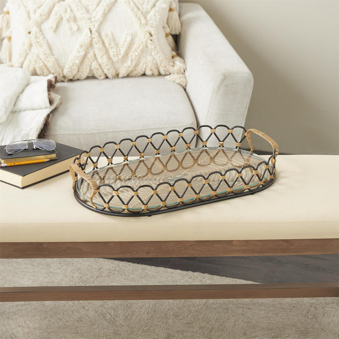 Black Metal Circular Woven Living Room Decor Tray