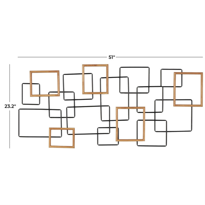 Black Metal Geometric Overlapping Wire Square Home Wall Decor with Gold Accents