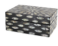 BLACK MOTHER OF PEARL GEOMETRIC FLORAL BOX WITH BEIGE ACCENTS