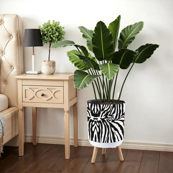 Black White Zebra Flower Pot - Retro Animal Print Wooden Legs Plant Pot - retro ads