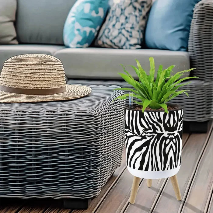 Black White Zebra Flower Pot - Retro Animal Print Wooden Legs Plant Pot - retro ads