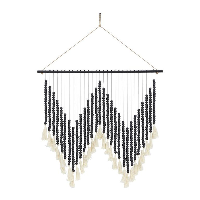 BLACK WOOD MACRAME BEADED WALL DECOR WITH FRINGE TASSELS,