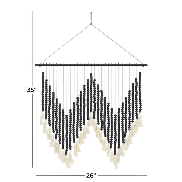 BLACK WOOD MACRAME BEADED WALL DECOR WITH FRINGE TASSELS,