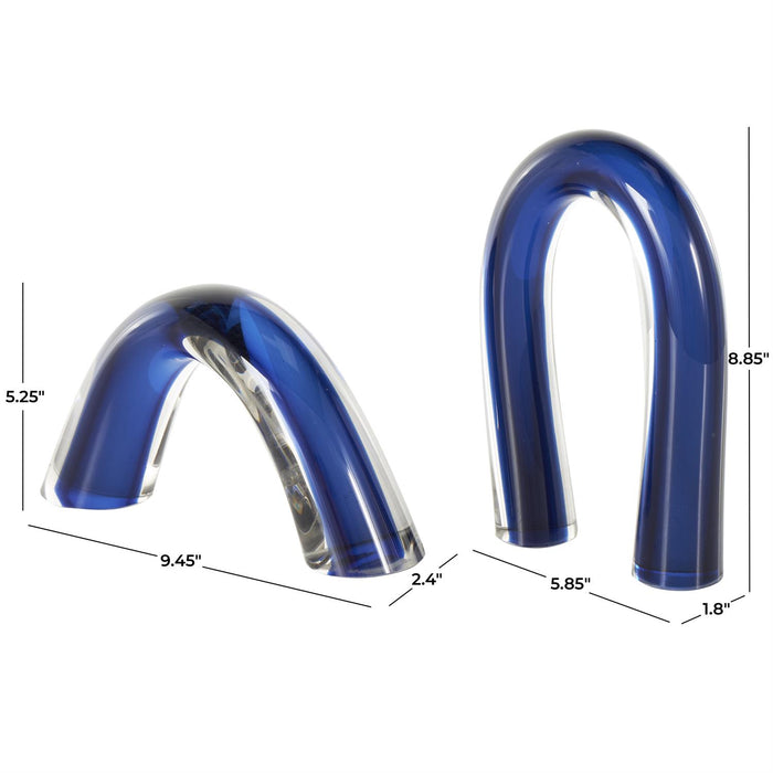Blue Glass Abstract Overlapping Arch Decorative Sculpture with Clear Accents, Set