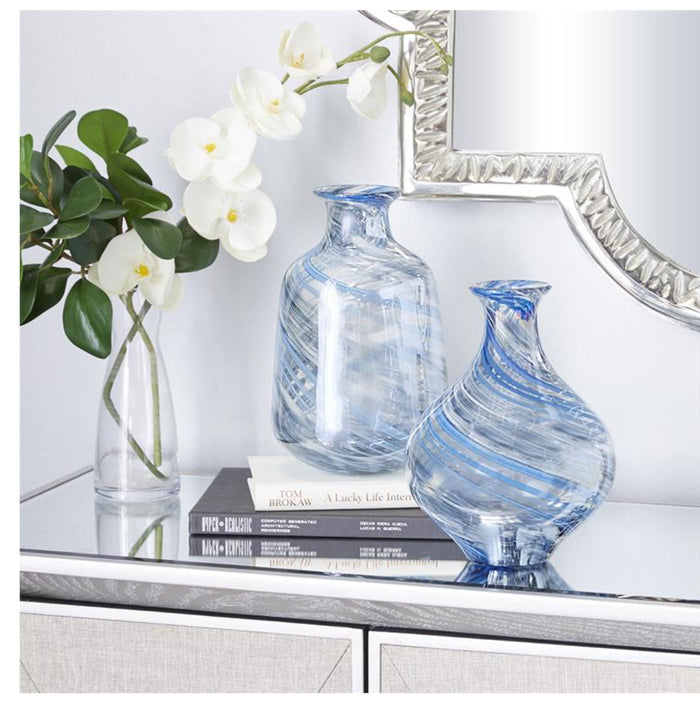 BLUE GLASS HANDMADE BLOWN VASE, SET OF 2 7"W, 10"H