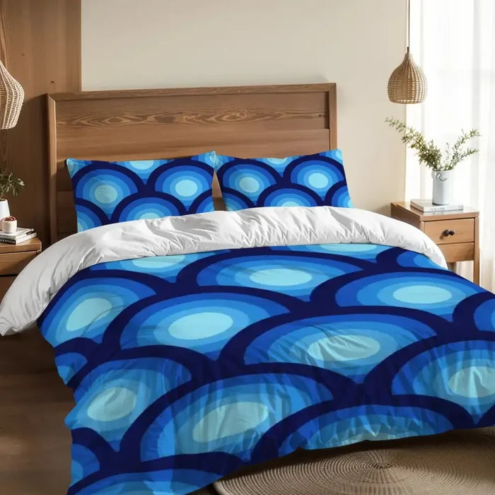 Blue Peacock Eye Full Size Duvet Cover Set: Retro 70s Microfiber - retro bedding