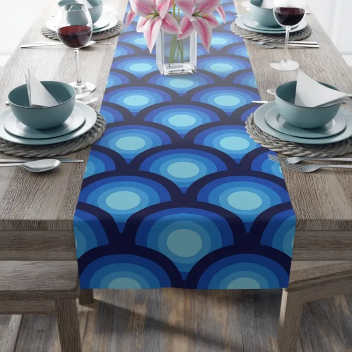 Blue Peacock Eye Retro 70s Table Runner in 2 Sizes - Midcentury Decor - retro table linen
