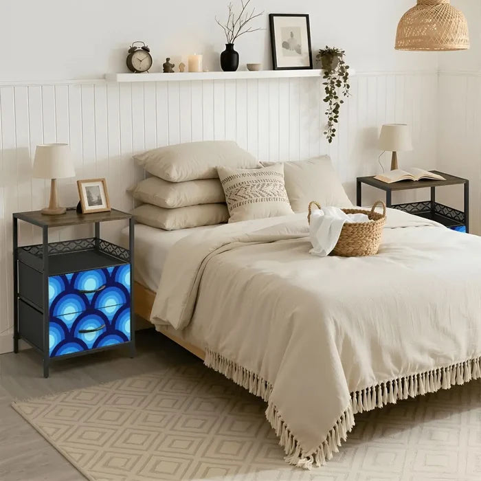 Blue Retro 70s Peacock Eyes Bedside Table with Charging Station - retro bedside table