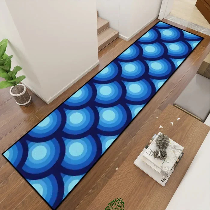 Blue Retro 70s Runner Rug – Midcentury Peacock Eyes Pattern | Multiple Sizes - retro runner
