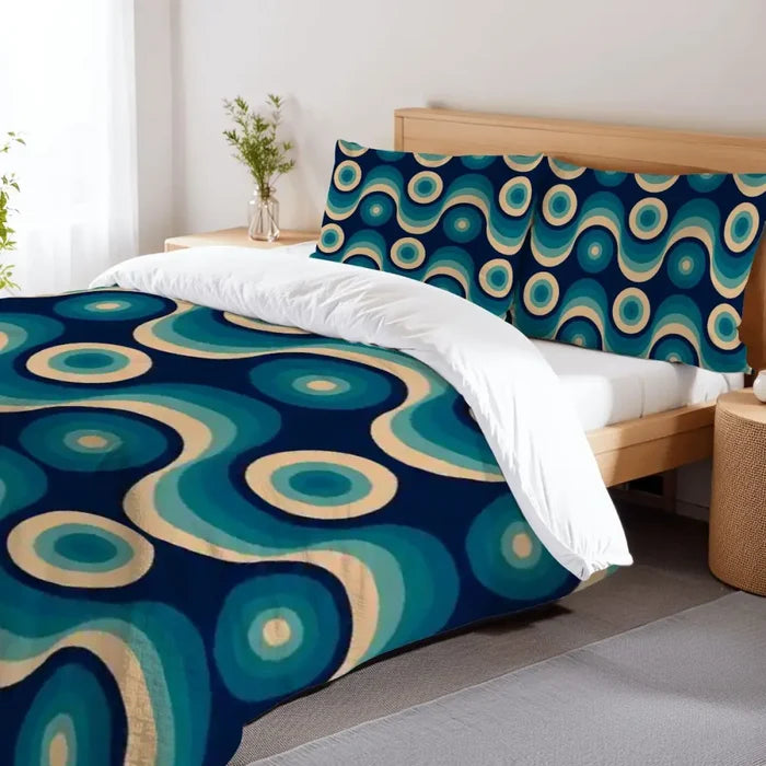 Blue Retro 70s Wave Pattern Duvet Cover Set: Midcentury Modern Bedding - Bedding - retro
