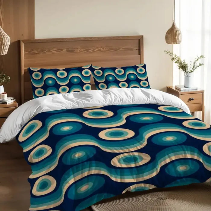 Blue Retro 70s Wave Pattern Duvet Cover Set: Midcentury Modern Bedding - Bedding - retro