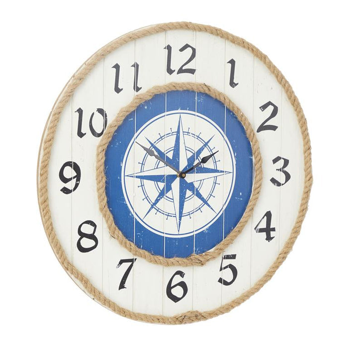 BLUE WOOD COMPASS WALL CLOCK WITH ROPE ACCENTS