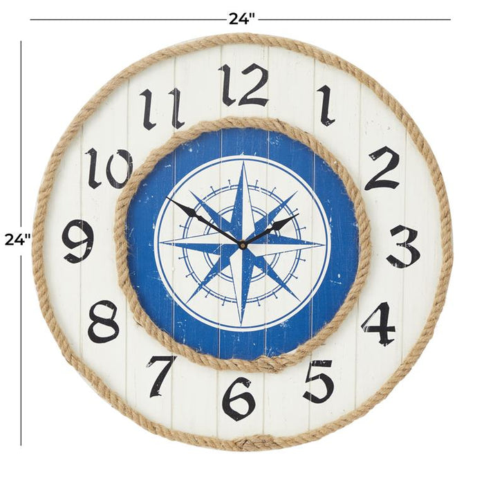 BLUE WOOD COMPASS WALL CLOCK WITH ROPE ACCENTS