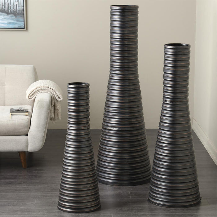 Bronze Metal Ribbed Tall Cone Floor Decorative Vase with Horizontal Grooves