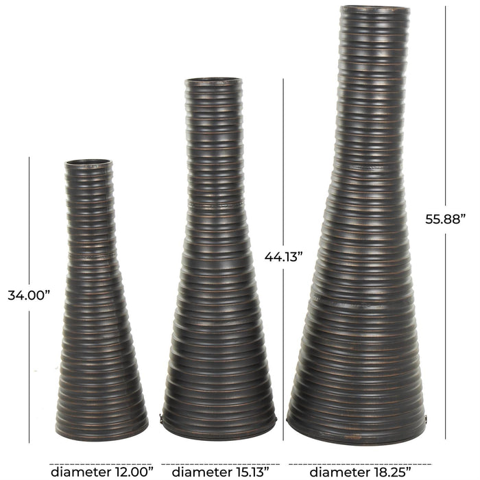 Bronze Metal Ribbed Tall Cone Floor Decorative Vase with Horizontal Grooves