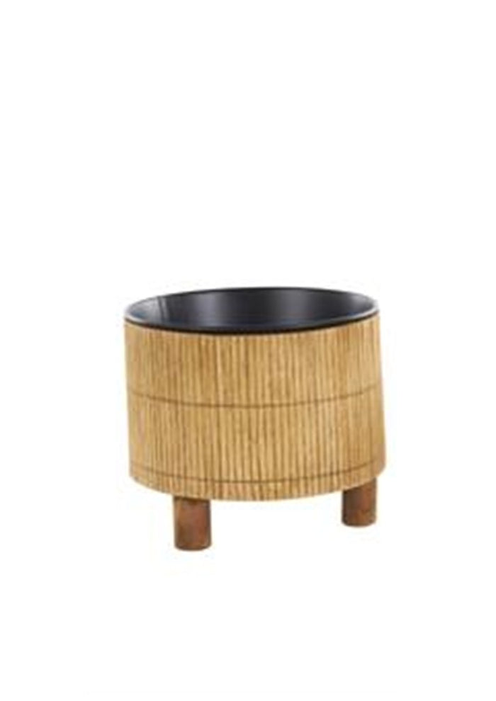Brown Bamboo Wood Handmade Indoor Planter with Black Metal Interior