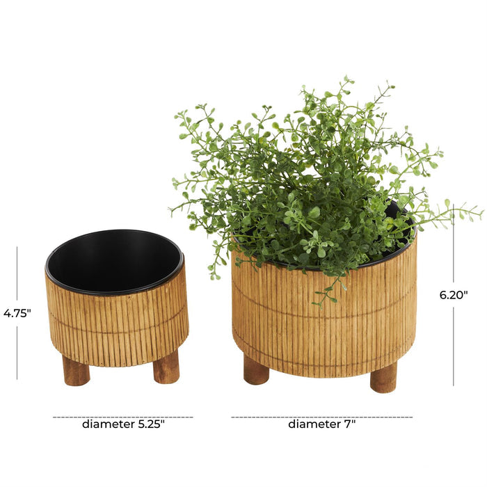 Brown Bamboo Wood Handmade Indoor Planter with Black Metal Interior