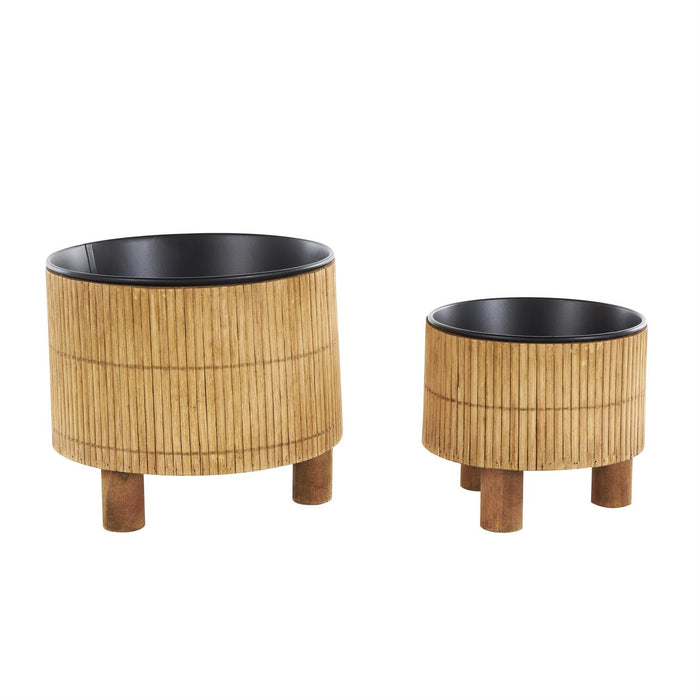 Brown Bamboo Wood Handmade Indoor Planter with Black Metal Interior