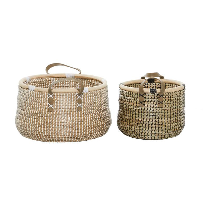BROWN BANANA LEAF HANDMADE STORAGE BASKET WITH HANDLES