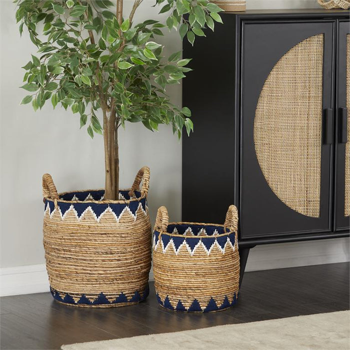 BROWN BANANA LEAF HANDMADE TRIANGLE DETAILS STORAGE BASKET WITH HANDLES