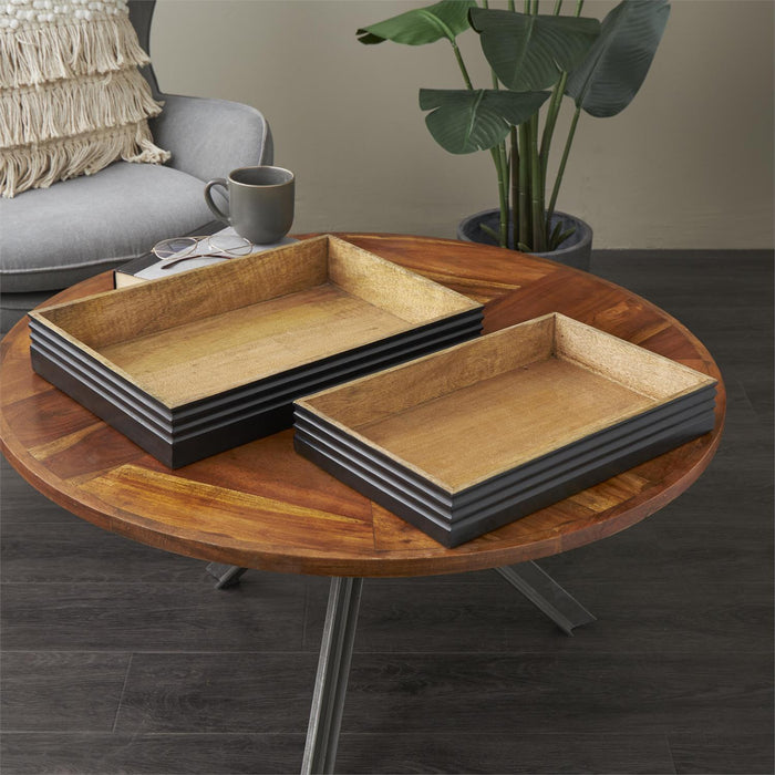 Brown Mango Wood Handmade Living Room Decor Tray with Black Groove Exterior