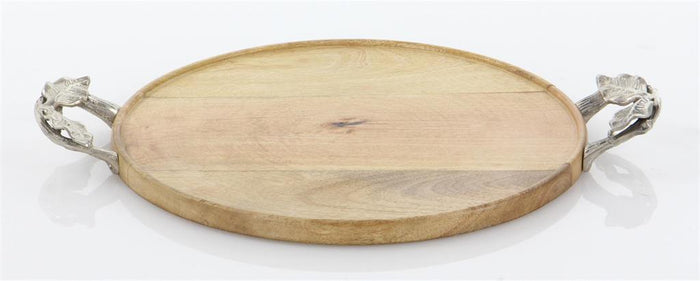 BROWN MANGO WOOD TRAY WITH METAL HANDLES,