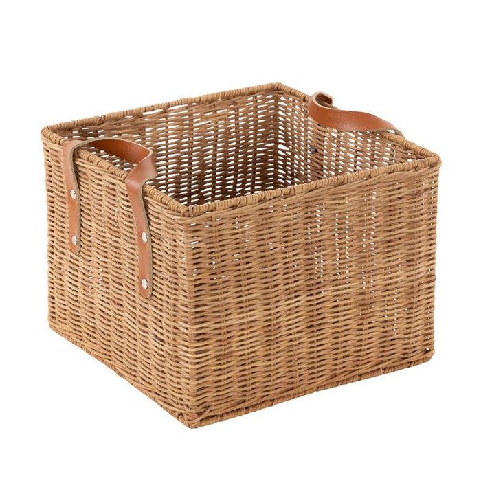 Brown Rattan Handmade Woven Decorative and Functional Storage Basket with Leather Handles