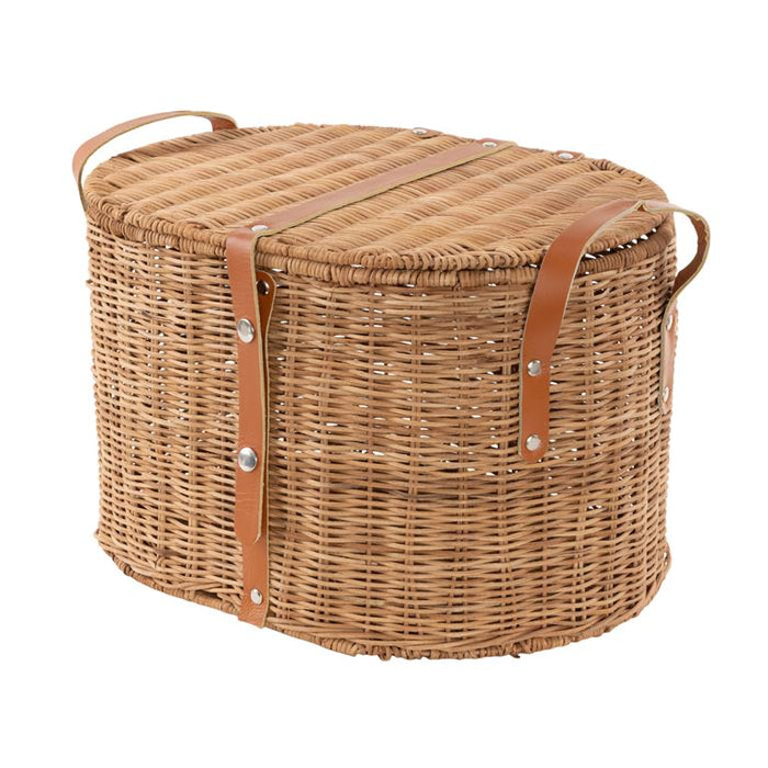 Brown Rattan Handmade Woven Decorative and Functional Storage Basket with Lid and Leather Handles